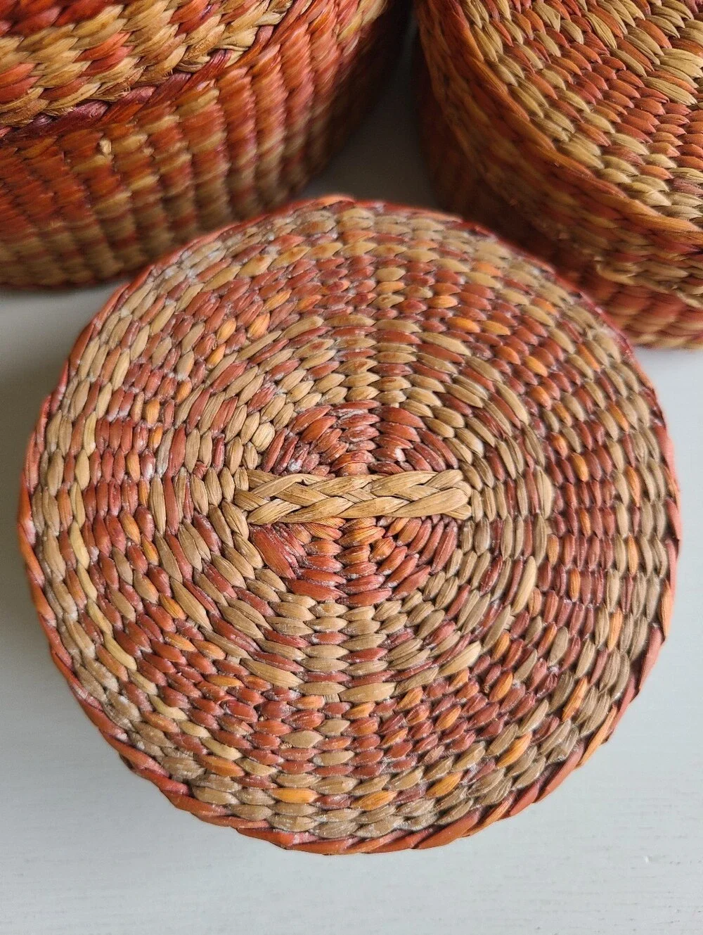 Vintage Wheat Grass Nesting Baskets with Lids